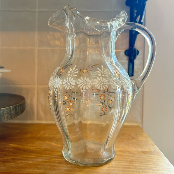 Antique Victorian Hand Blown Ruffle glass daisy enamel hand painted pitcher - Picture 2 of 6